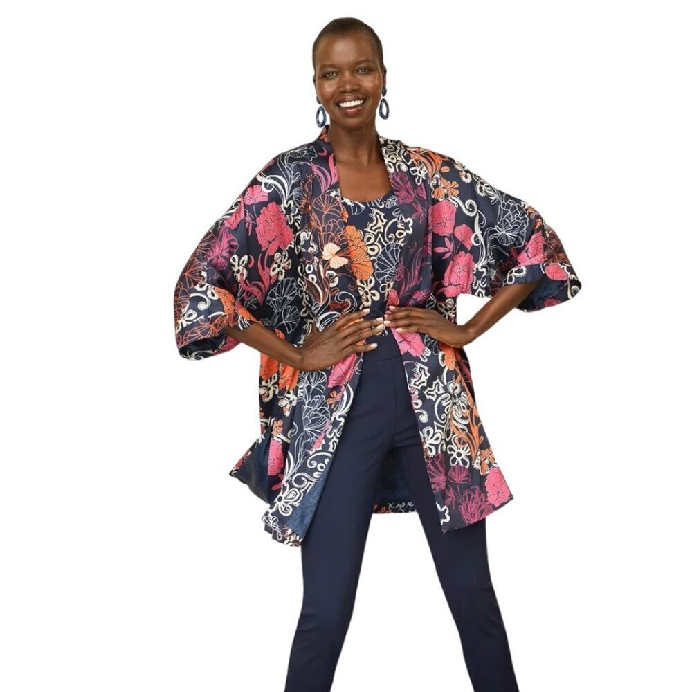 Chico's Floral Long Kimono, Size S/M, Navy/Pink, NWT